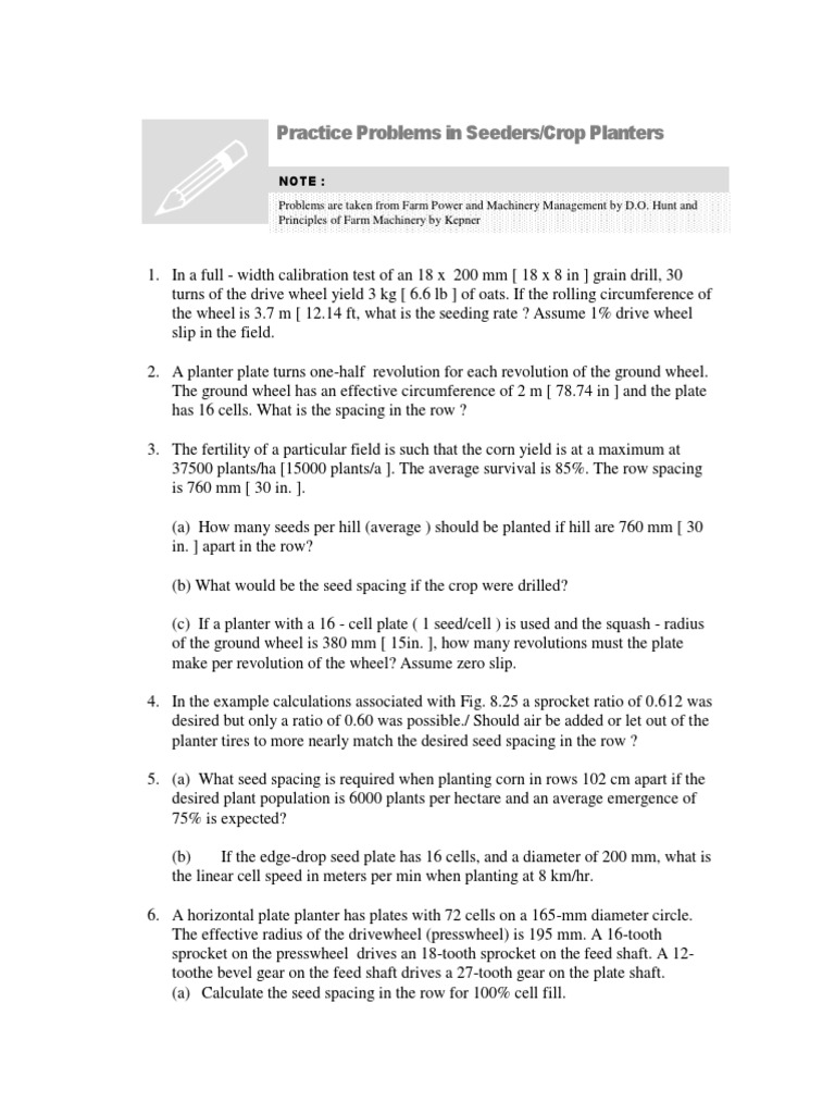 Practice Problems in Seeders/Crop Planters: Note | PDF | Speed ...