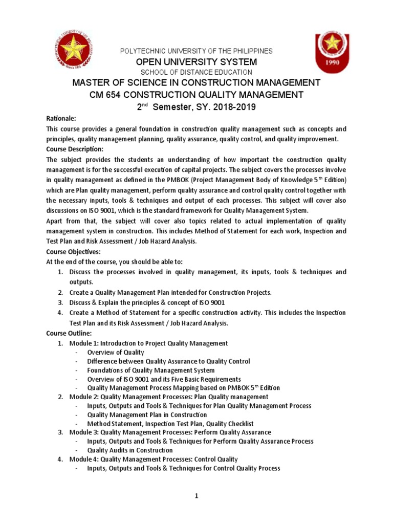 Cm 654 Construction Quality Management Pdf Quality Management Iso