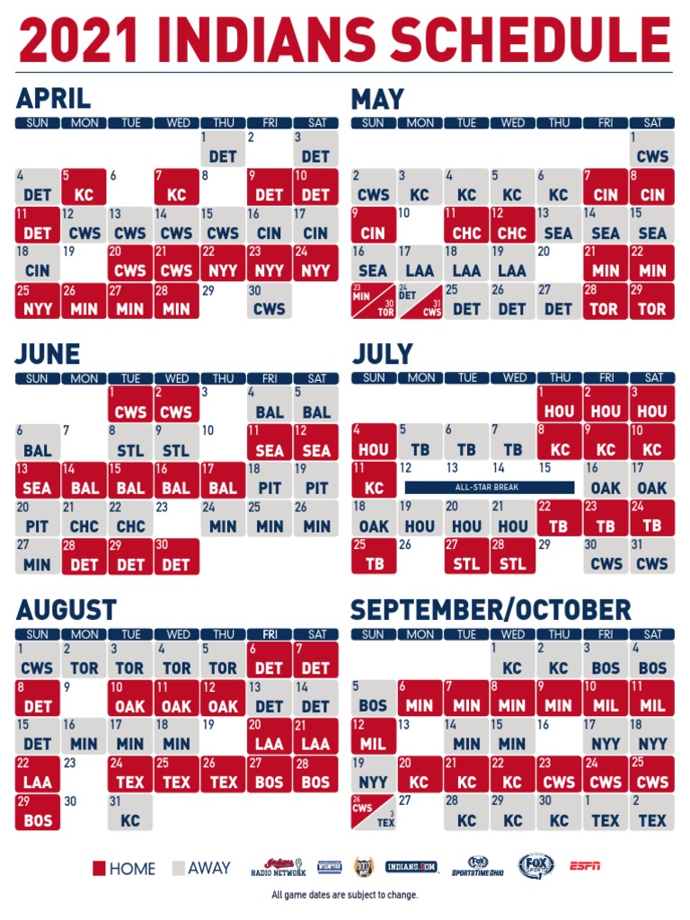2021 Indians Schedule - Printable