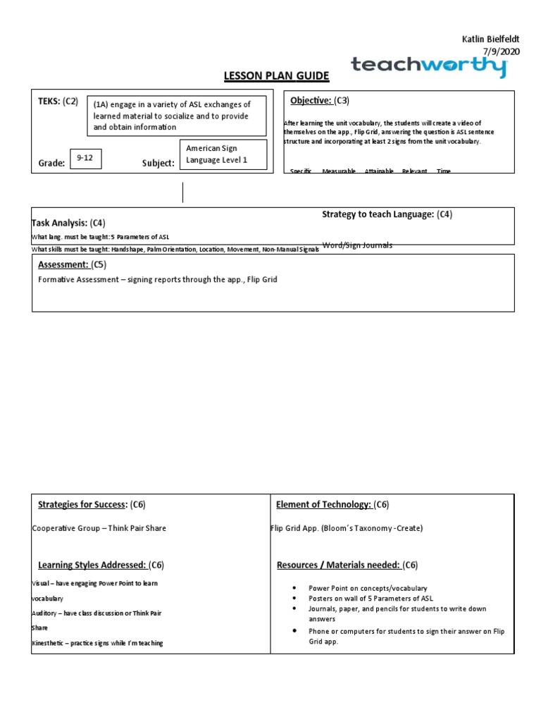 Lesson Plan Guide TEKS (C2) Objective (C3) PDF American Sign