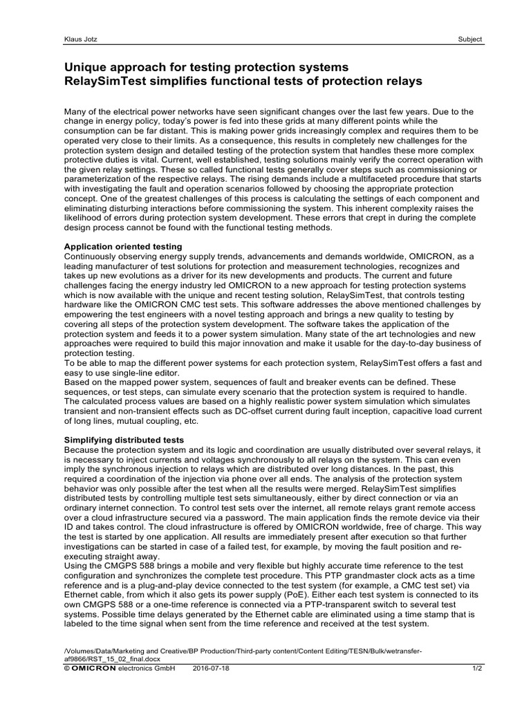 RelaySim Test Simplifies Functional Tests of Protection Relays PDF Simulation Relay