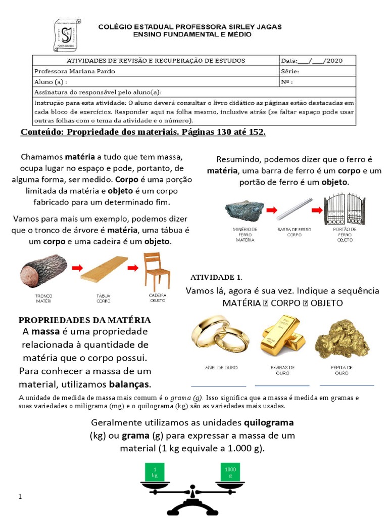 Exercícios sobre Propriedades da Matéria | PDF | Matéria | Massa
