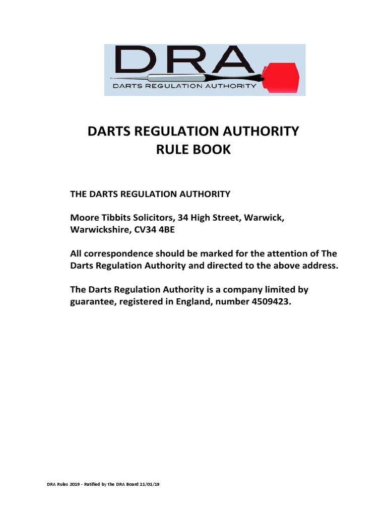 Darts Regulation Authority Rule Book DRA Rules 2019 Ratified by The