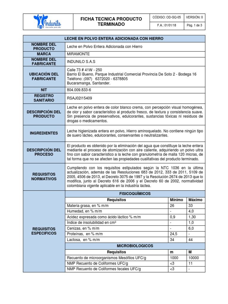 Leche en polvo descremada  Indunilo S.A.S. Leche líquida y leche en polvo