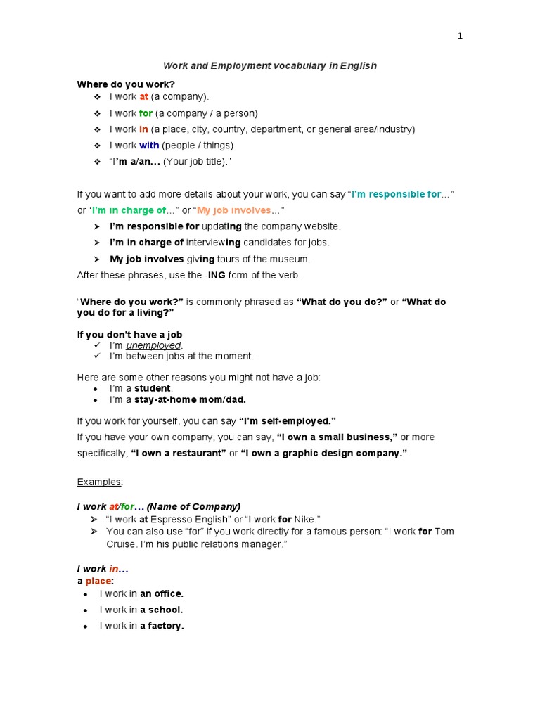 Employment Vocabulary in English | PDF | Telecommuting | Employment
