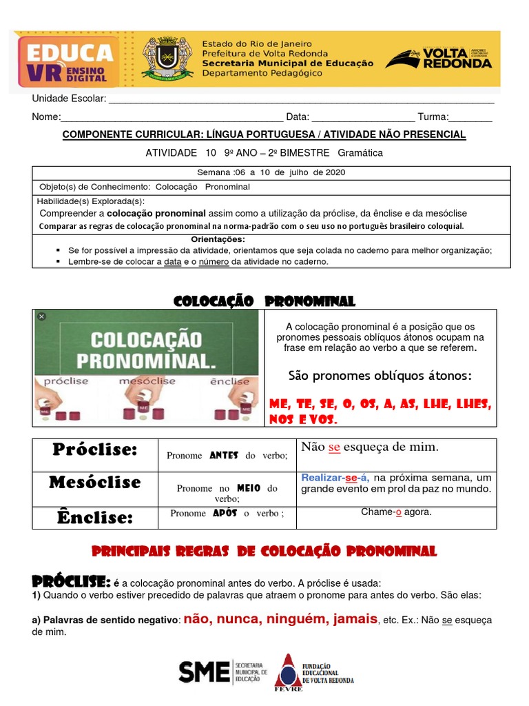 Exercícios de Colocação Pronominal 9º Ano | PDF | Pronome | Linguística