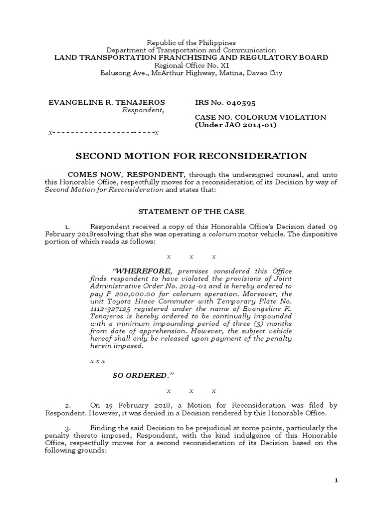2nd Motion For Reconsideration Tenajeros PDF Affidavit Vehicles