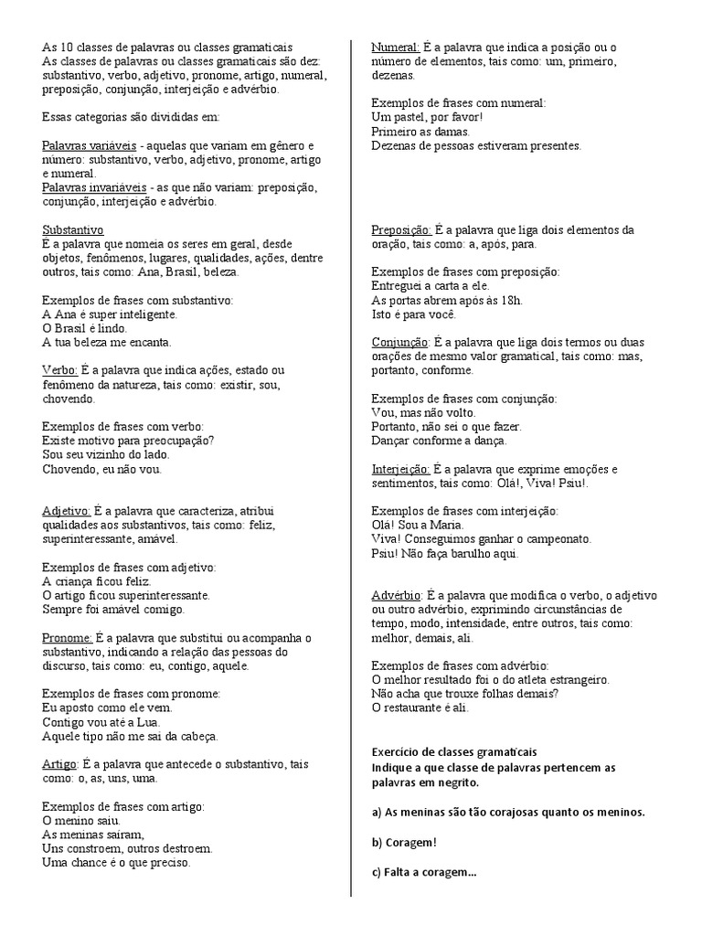 As 10 Classes de Palavras Ou Classes Gramaticais | PDF | Pronome |  Preposição e posposição, image size:768x1024