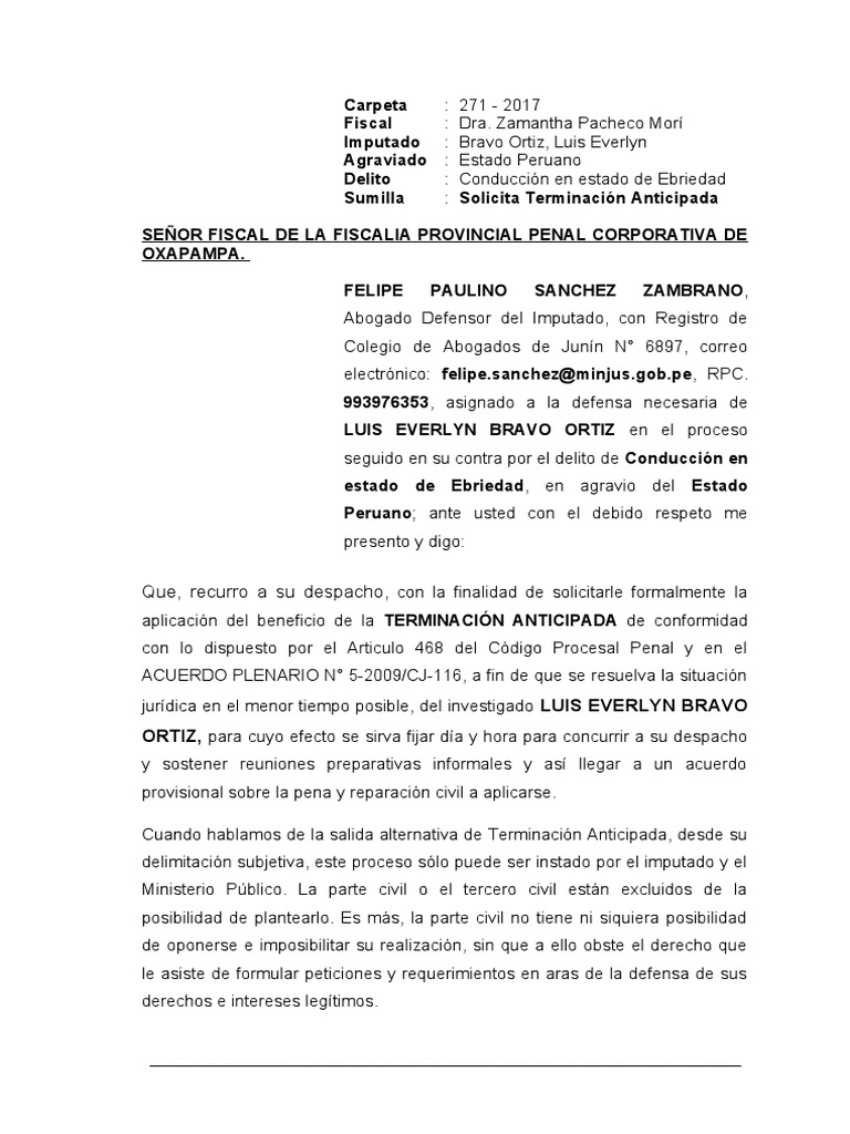 Modelo de Terminacion Anticipada | PDF | Ley procesal | Castigos