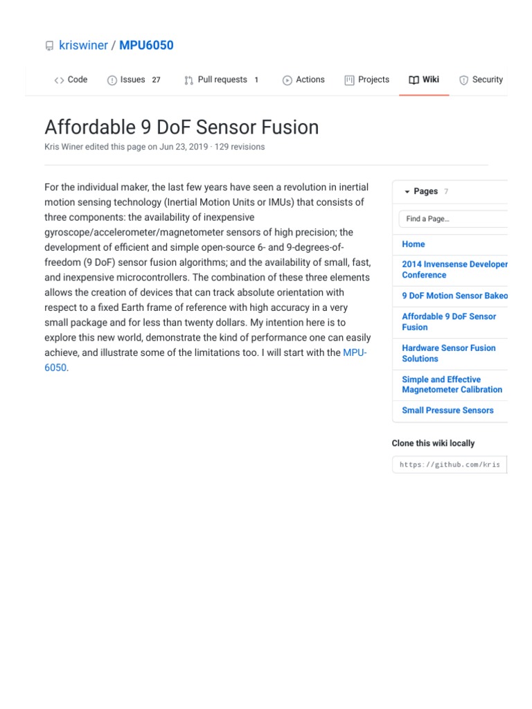 Affordable 9 DoF Sensor Fusion kriswinerMPU6050 Wiki GitHub PDF