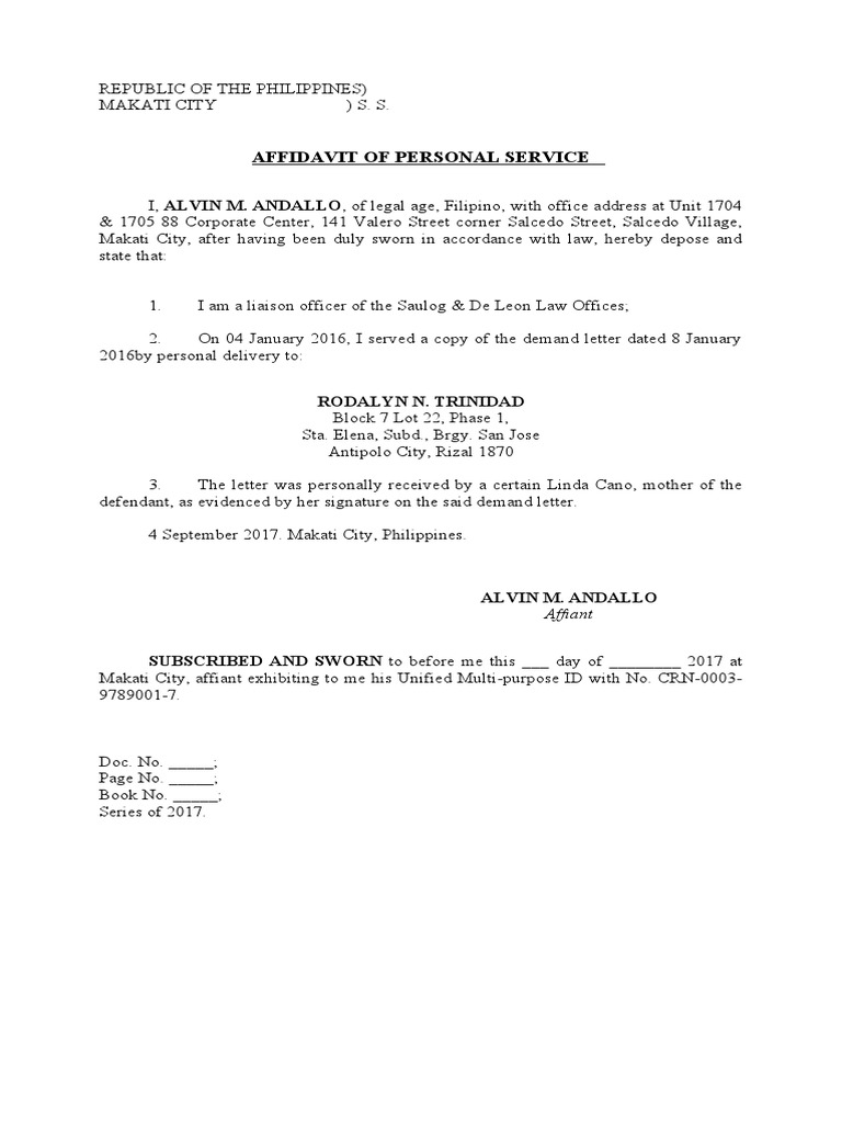 Affidavit of Personal Service for Demand Letter | PDF | Affidavit ...
