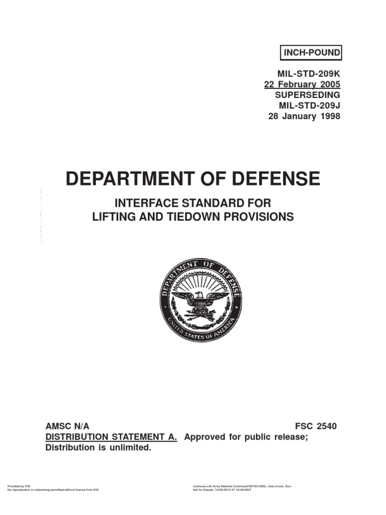 Mil STD 209 Lifting, Tiedown Provisions PDF Specification (Technical Standard) Cargo