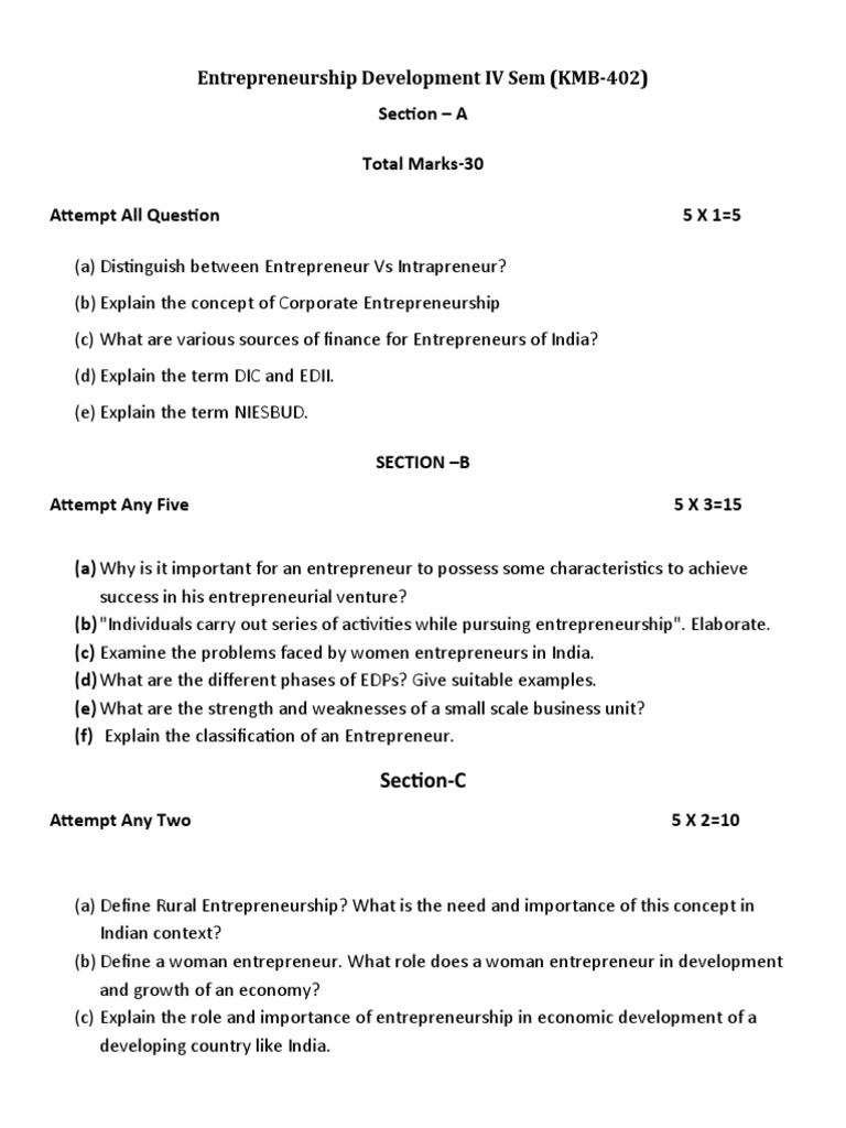 Entrepreneurship Development IV Sem Exam | PDF | Finance & Money ...