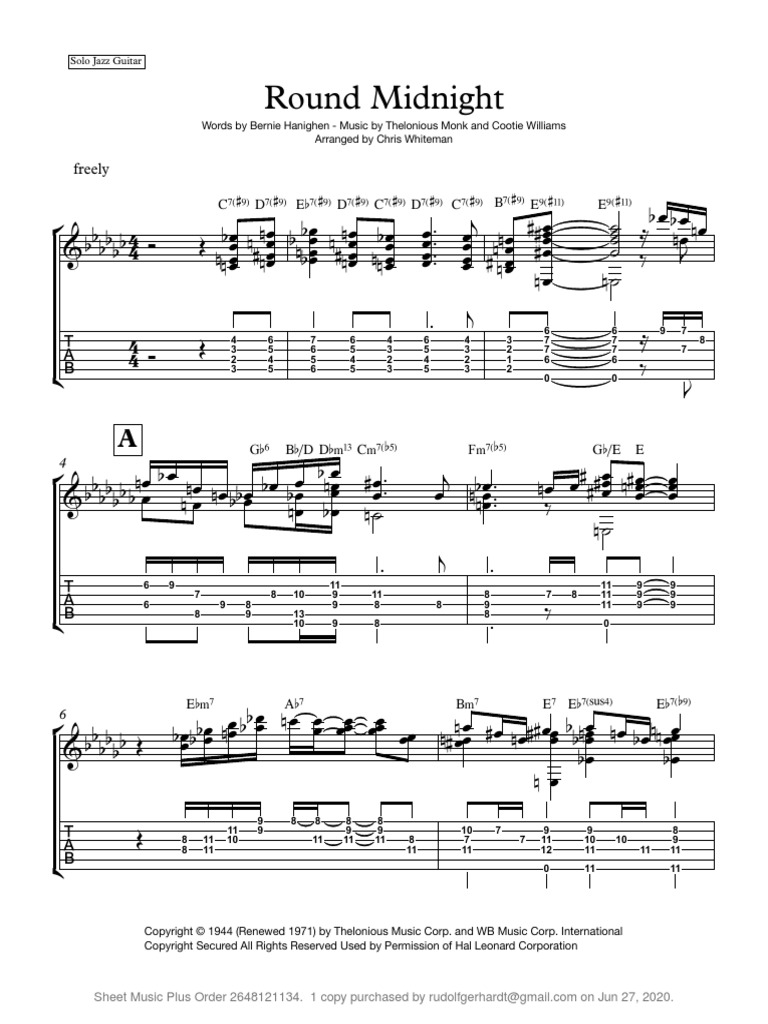 Round Midnight Jazz Guitar Chord Melody | PDF | Jazz Music ...