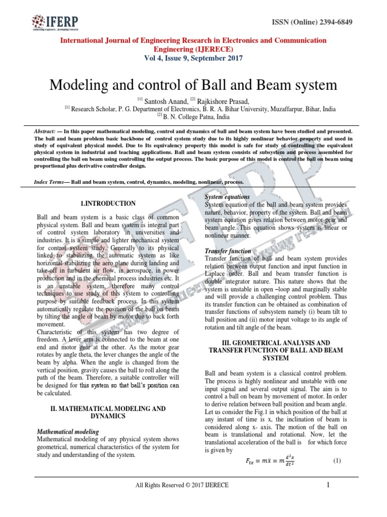 Modeling and Control of Ball and Beam System | PDF | Control Theory ...