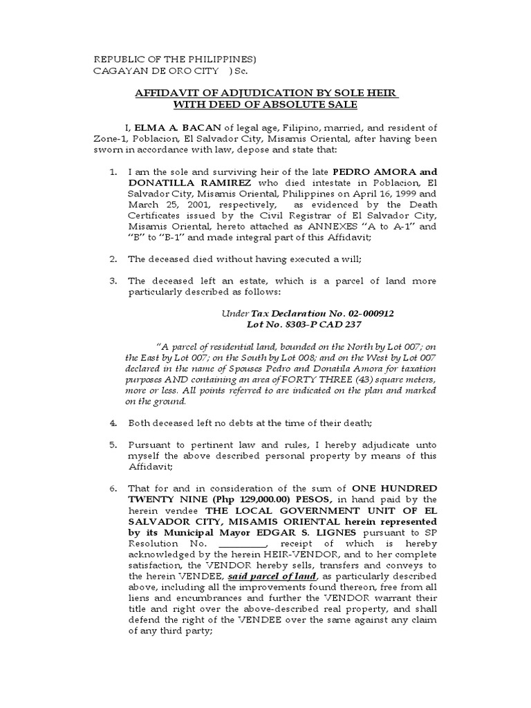 AFFIDAVIT OF ADJUDICATION BY SOLE HEIR WITH SALE ELMA BACAN (Pedro