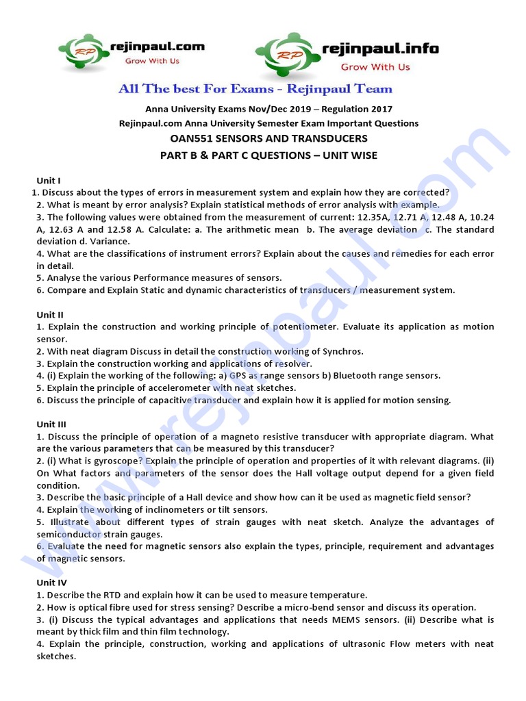 Oan551 Sensors and Transducers Part B & Part C Questions Unit Wise