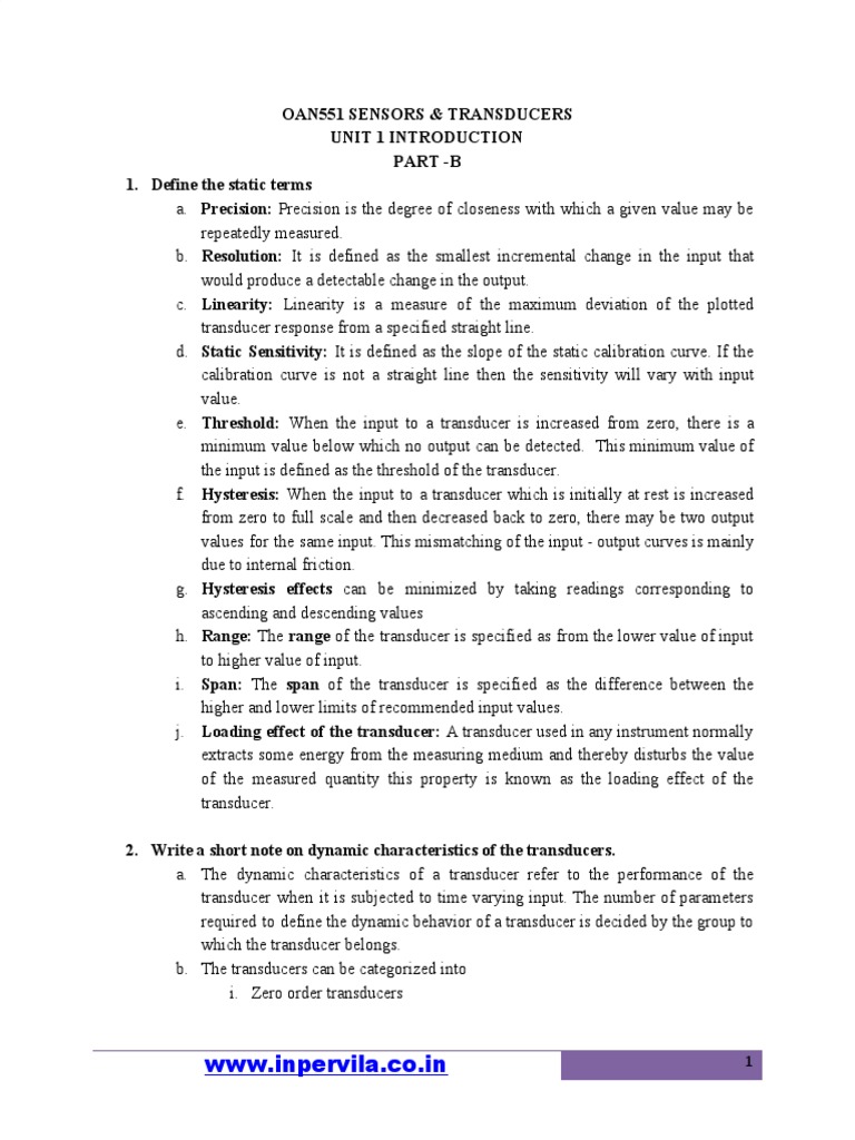 Oan551 Sensors & Transducers Unit 1 Introduction Part B 1. Define The