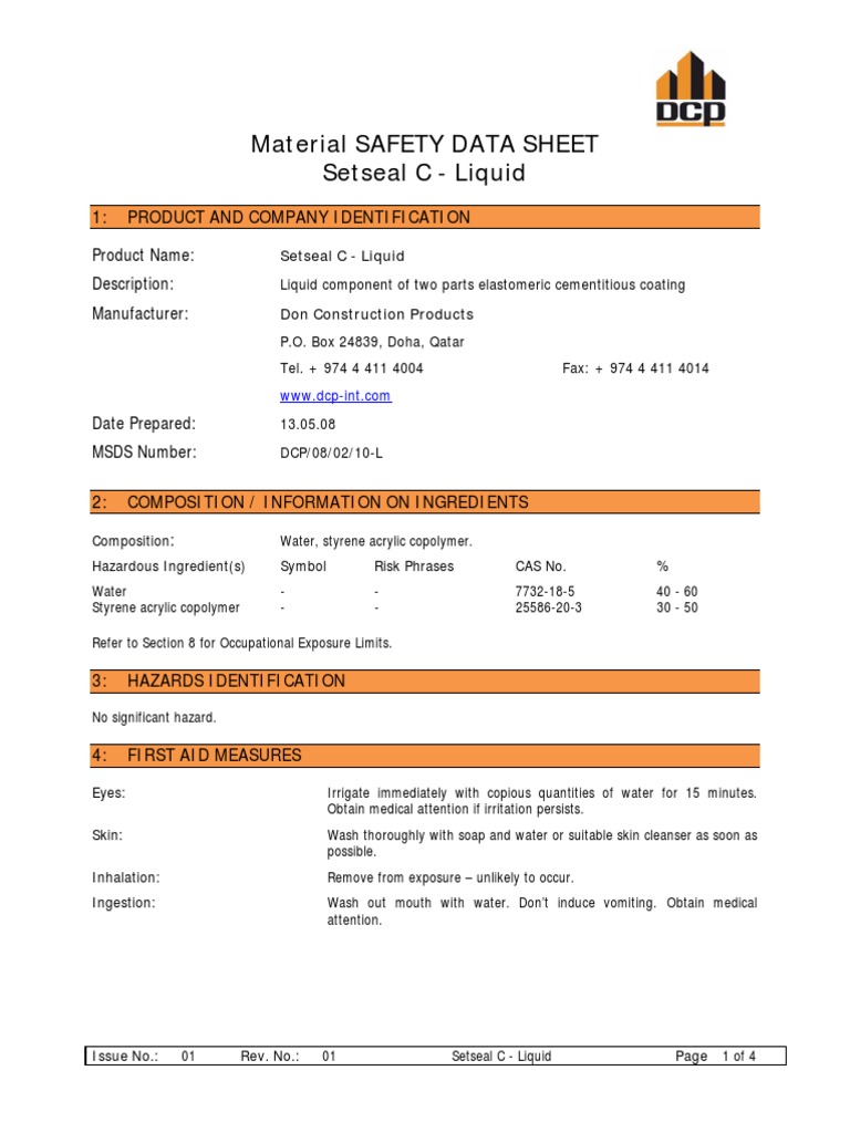 Material Safety Data Sheet Setseal C - Liquid: 1: Product and Company ...
