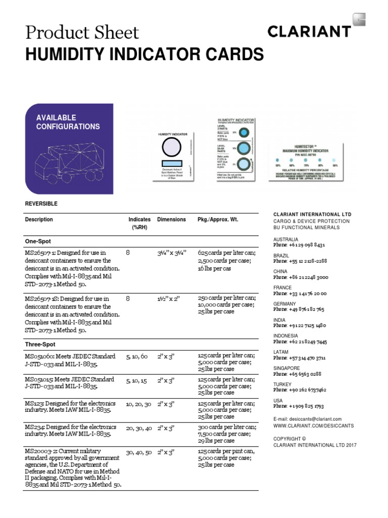 Product Sheet Humidity Indicator Cards PDF Business