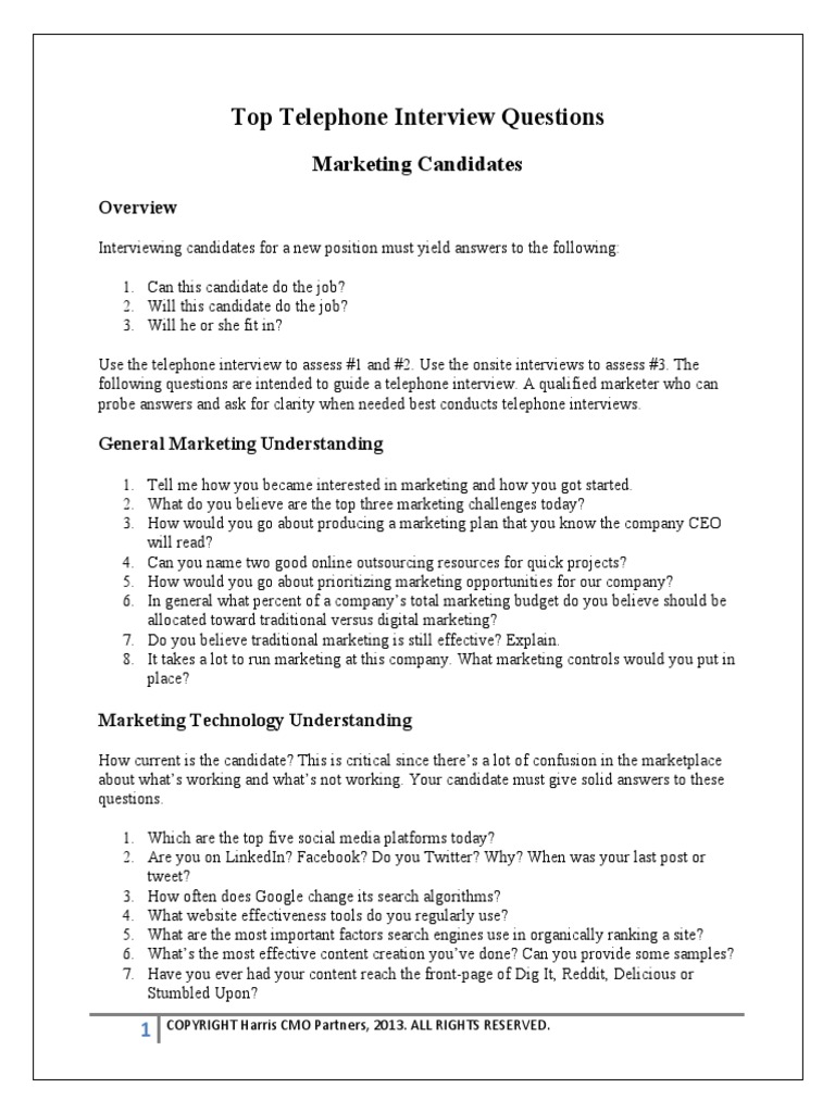 Top Telephone Interview Questions Marketing Candidates PDF Search