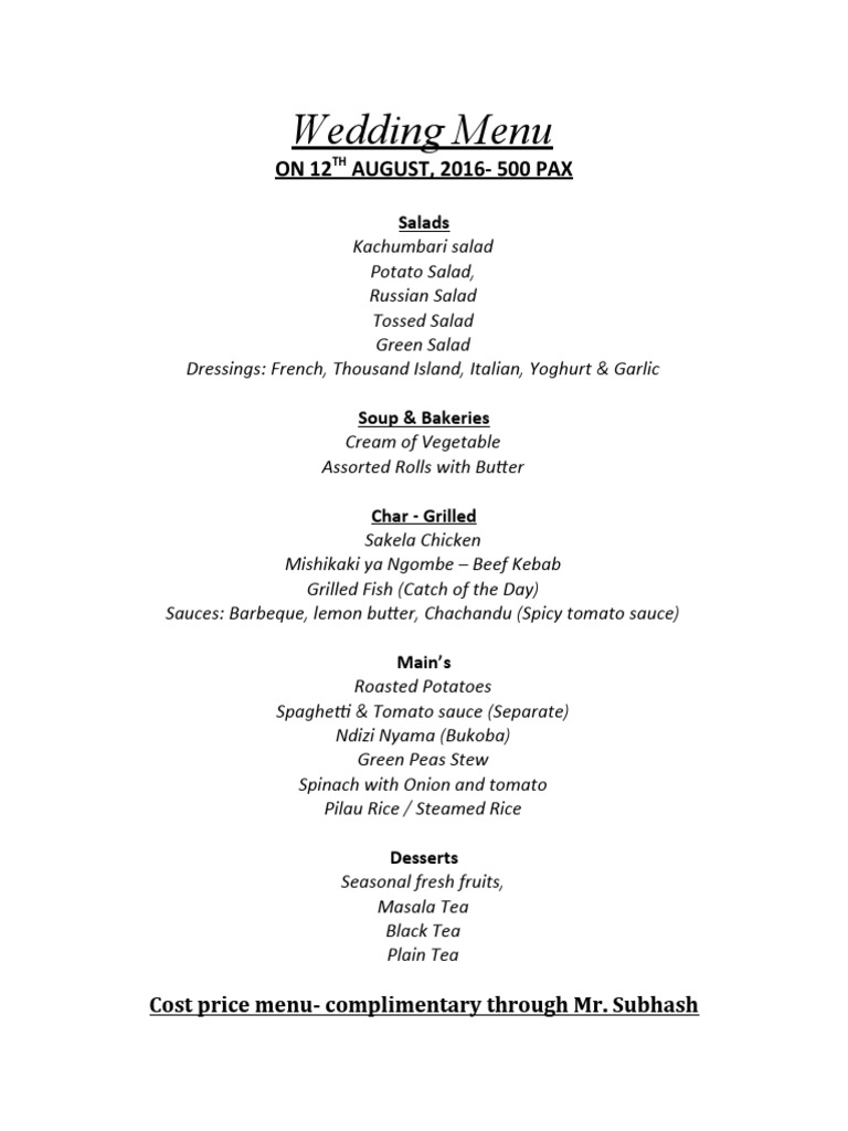 Wedding Menu For August and December 2016 | PDF | Cooking, Food & Wine