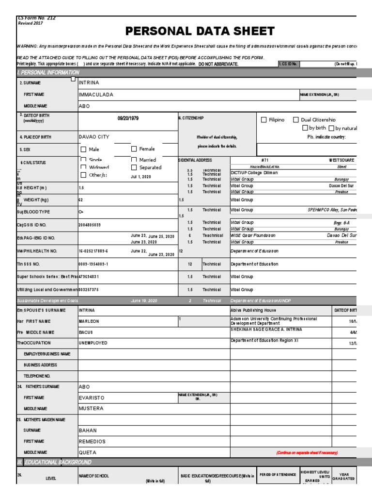 Personal Data Sheet Revised 2017 Download Free PDF Teachers