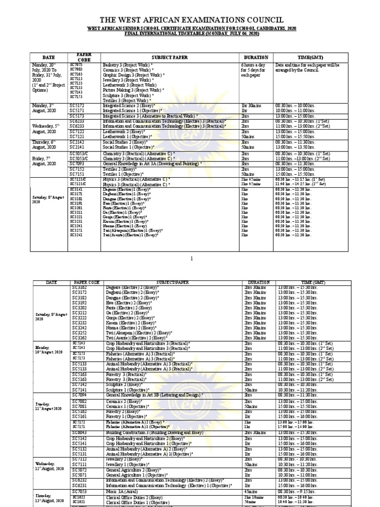 Wassce School 2020 Timetable Pdf Technical Drawing