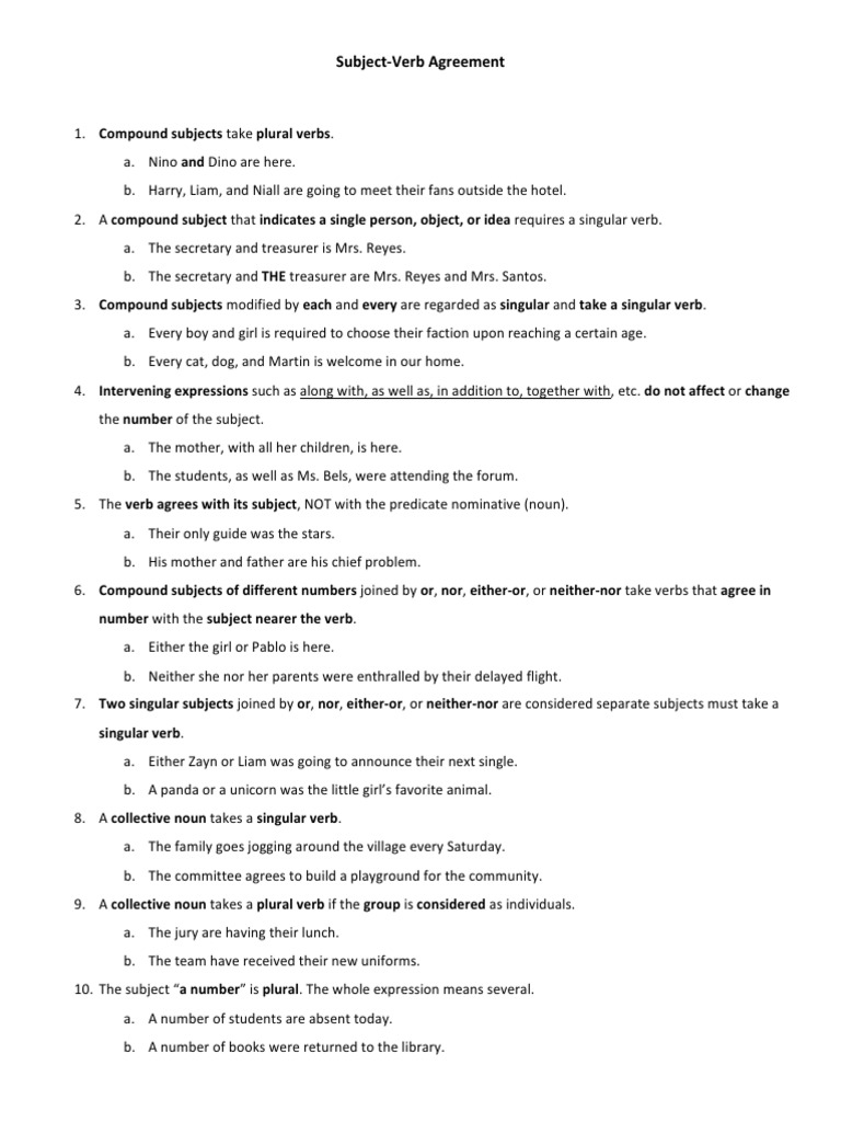 Subject Verb Agreement Rules Grammatical Number Plural