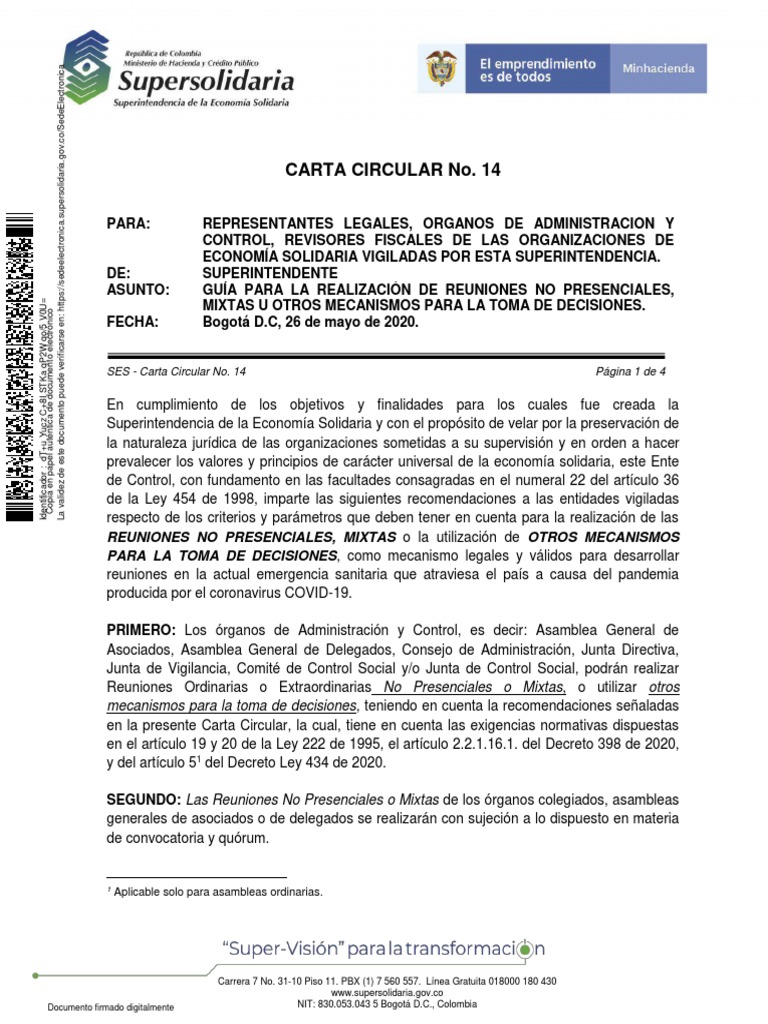Carta Circular 14 de 2020 | PDF | Quórum | Junta Directiva