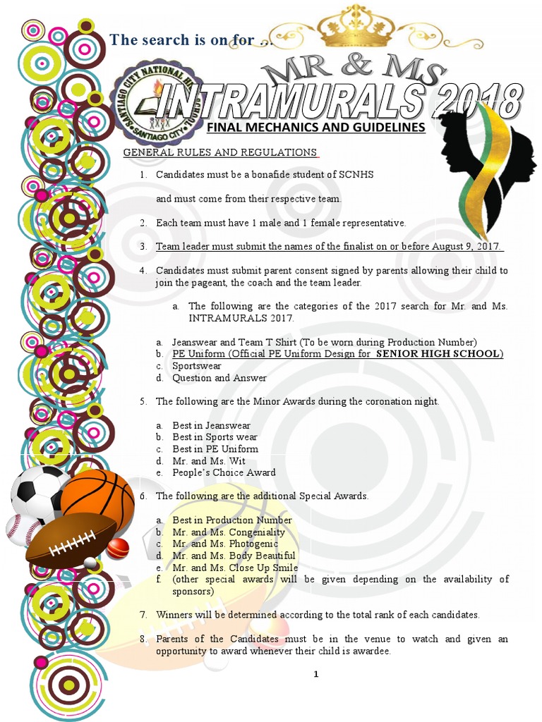 GUIDELINES FOR THE MR. and MS. INTRAMURALS 2017 | PDF | Clothing