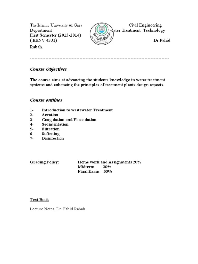 Water Treatment Course Outline PDF