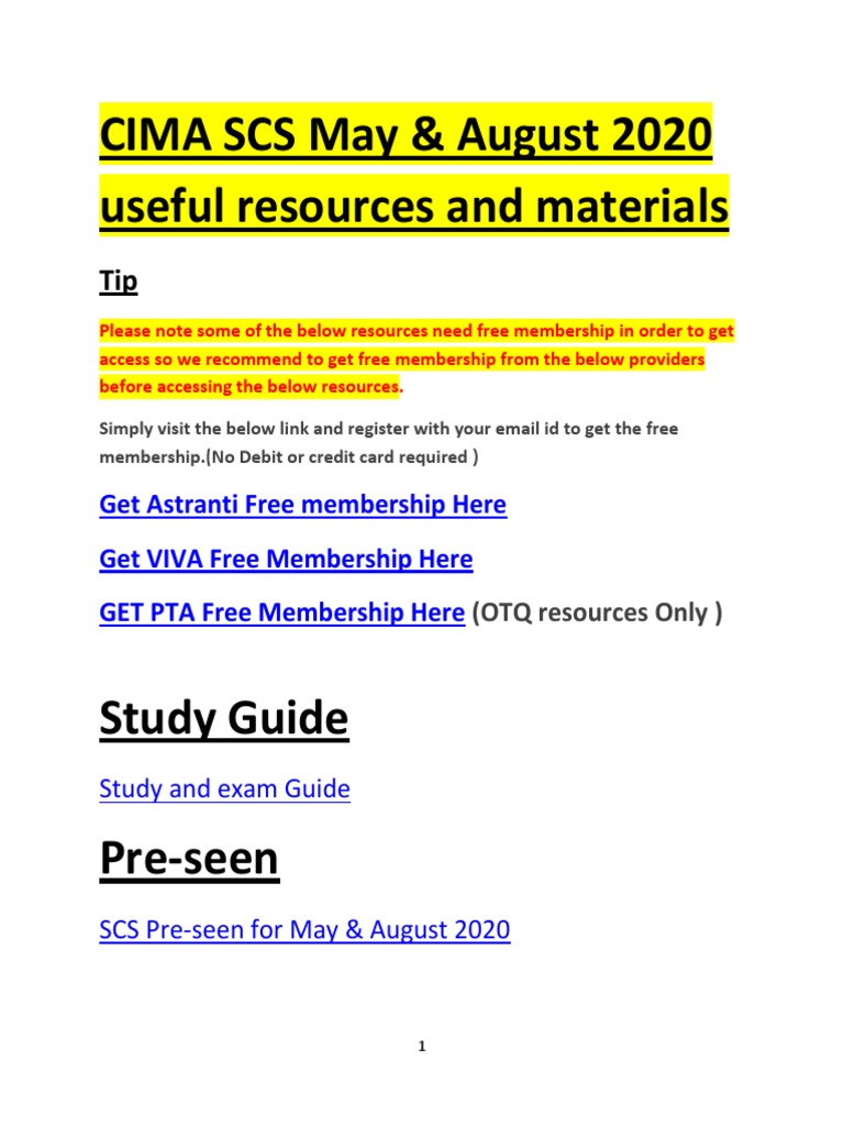 CIMA SCS (Strategic Case Study) August 2020 Resources PDF Question