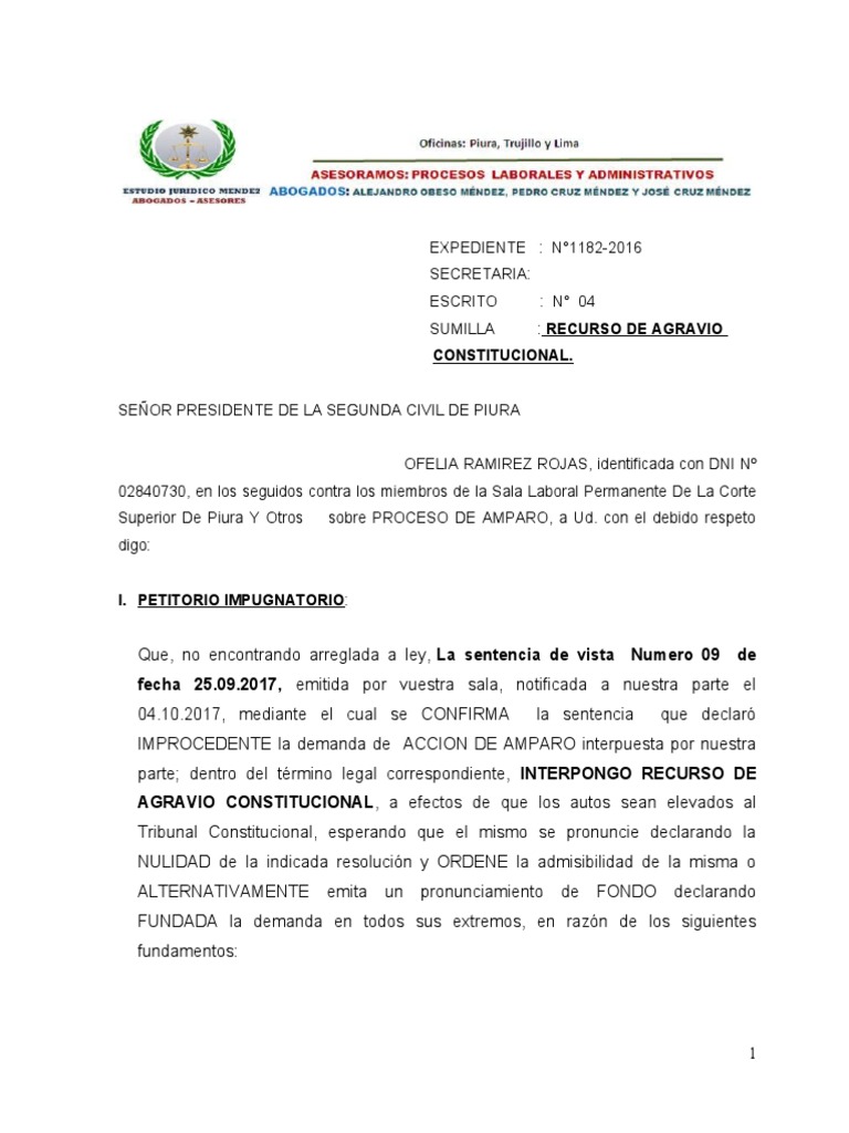 Recurso de Agravio Constitucional | PDF | Derecho Constitucional | Demanda  judicial
