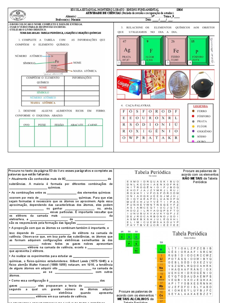 Atividade Adaptada: Tabela Periódica 9º Ano | PDF | Tabela periódica ...