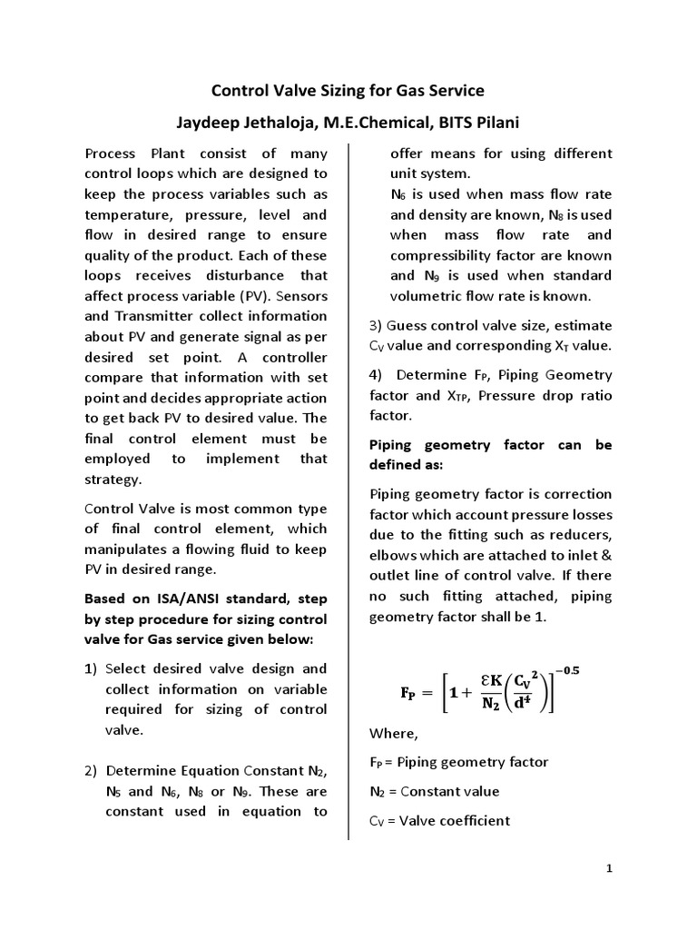 Control Valve Sizing For Gas Service1 PDF Valve Flow Measurement