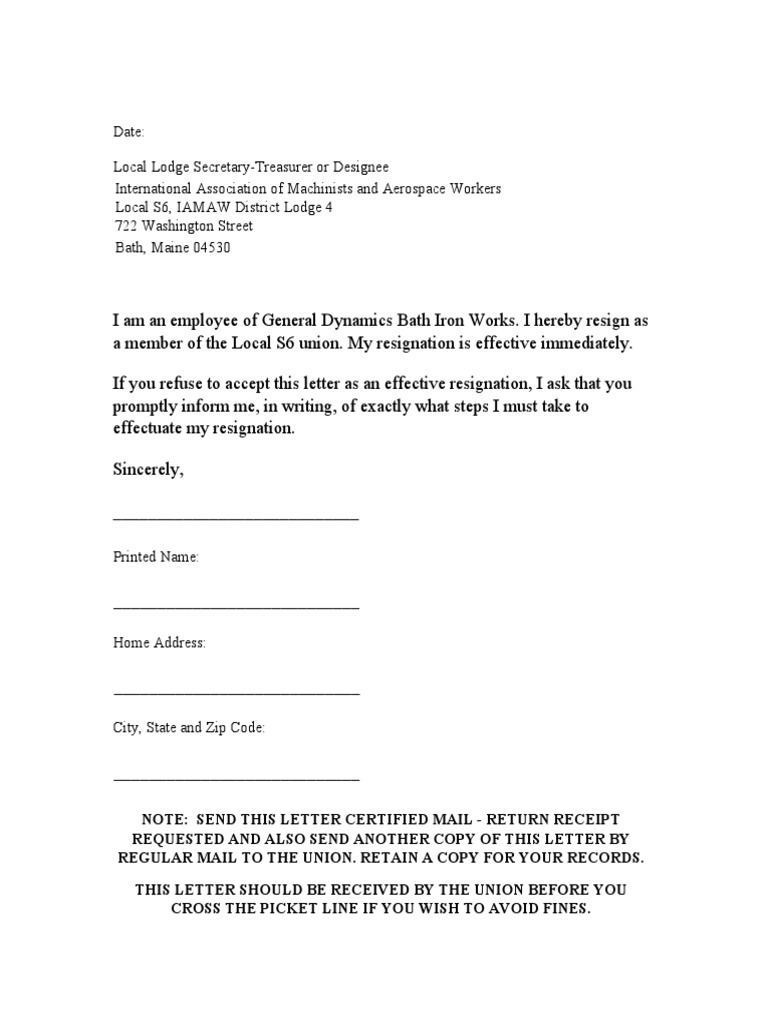 Resignation from Local S6 Union Membership | PDF | Career & Growth ...