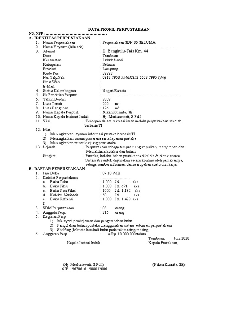 Data Profil Perpustakaan SDN 06 Seluma | PDF