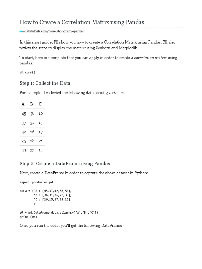 How To Create A Correlation Matrix Using Pandas - Data To Fish | PDF