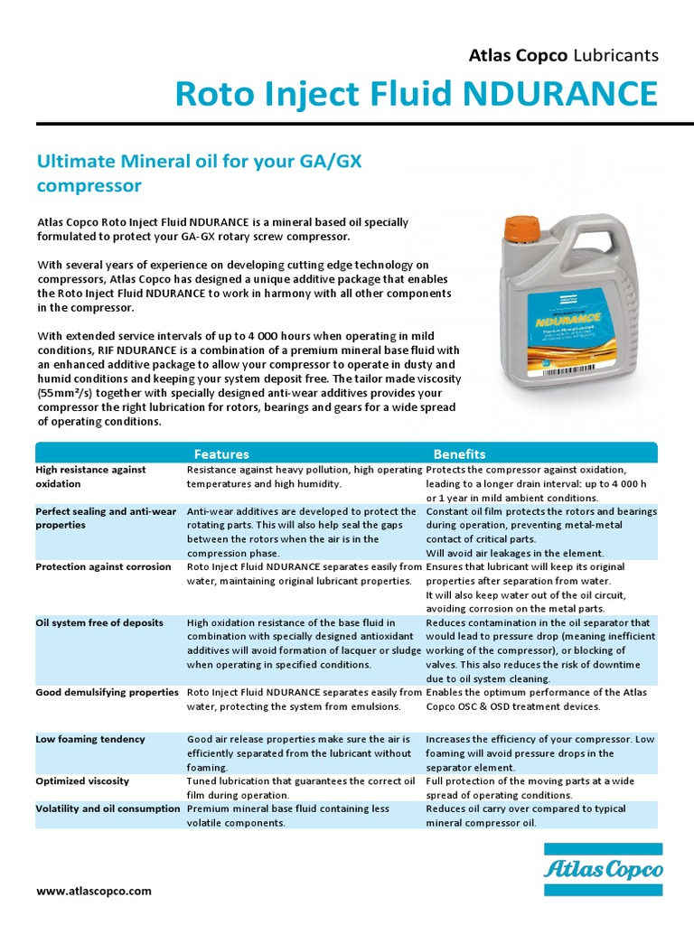 Atlascopco Oil Datasheet Lubricant Bearing Mechanical