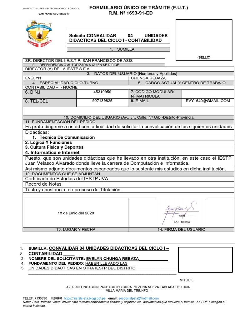 Solicitud De Convalidacion De 4 Unidades Didacticas Informatica Informatica Y Tecnologia De La Informacion