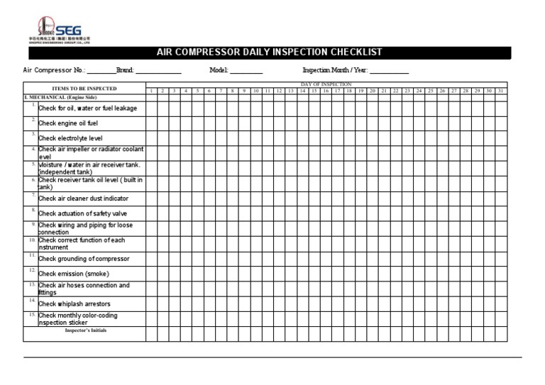Air Compressor Inspection ChecklistDaily PDF