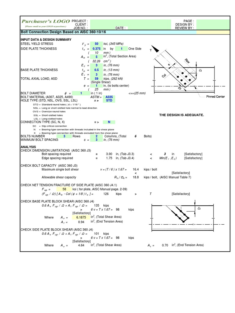 Bolt Connection Design Based On AISC 360-10/16: Input Data & Design ...