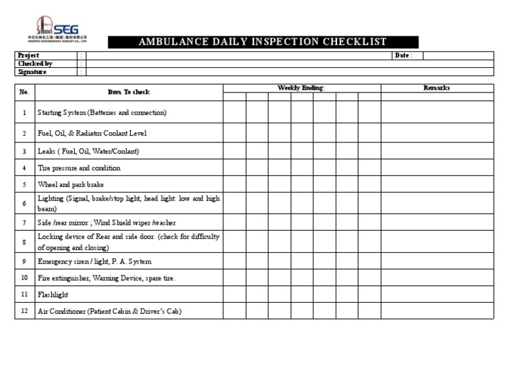 Daily Ambulance Inspection Checklist | PDF | Technology & Engineering