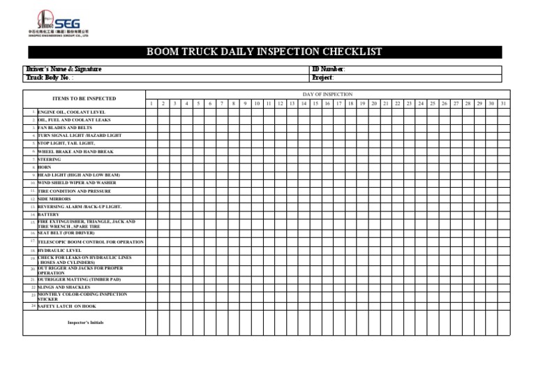 Boom Truck Daily Inspection Checklist | PDF
