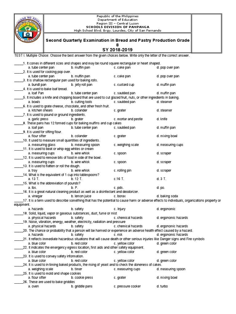 Second Quarterly Examination in Bread and Pastry Production Grade 8
