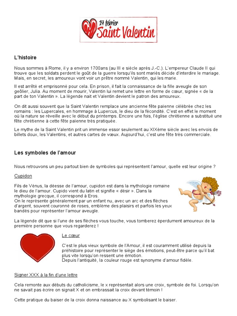Saint Valentin Comprehension Ecrite Texte Questions Comprehension Pdf Saint Valentin Cupidon