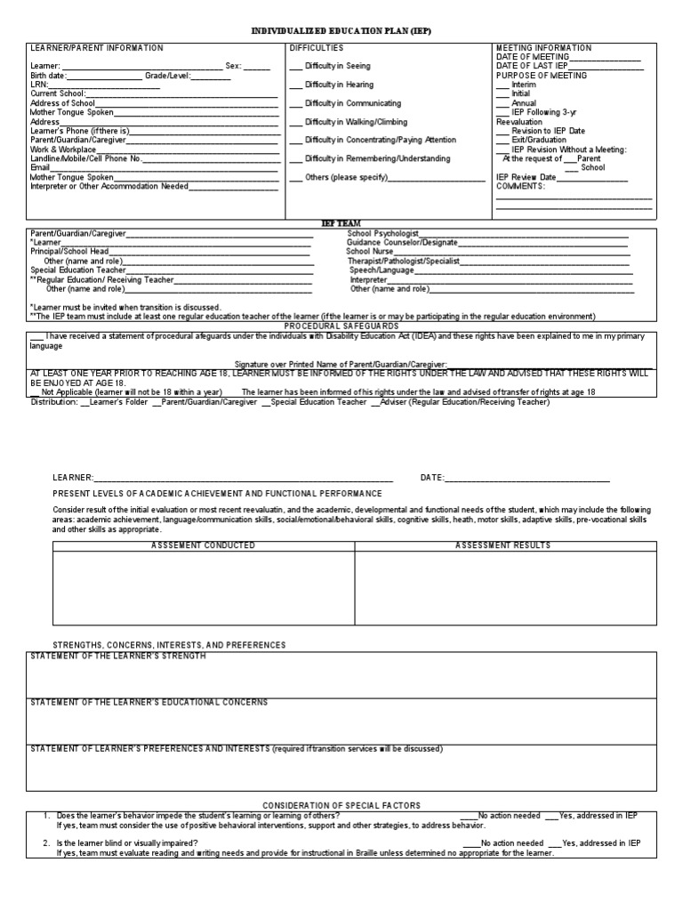 Sample IEP Template for DepEd | PDF | Individualized Education Program ...