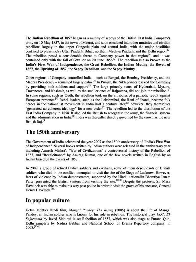 The 1857 Indian Rebellion | PDF | Indian Rebellion Of 1857 | British India