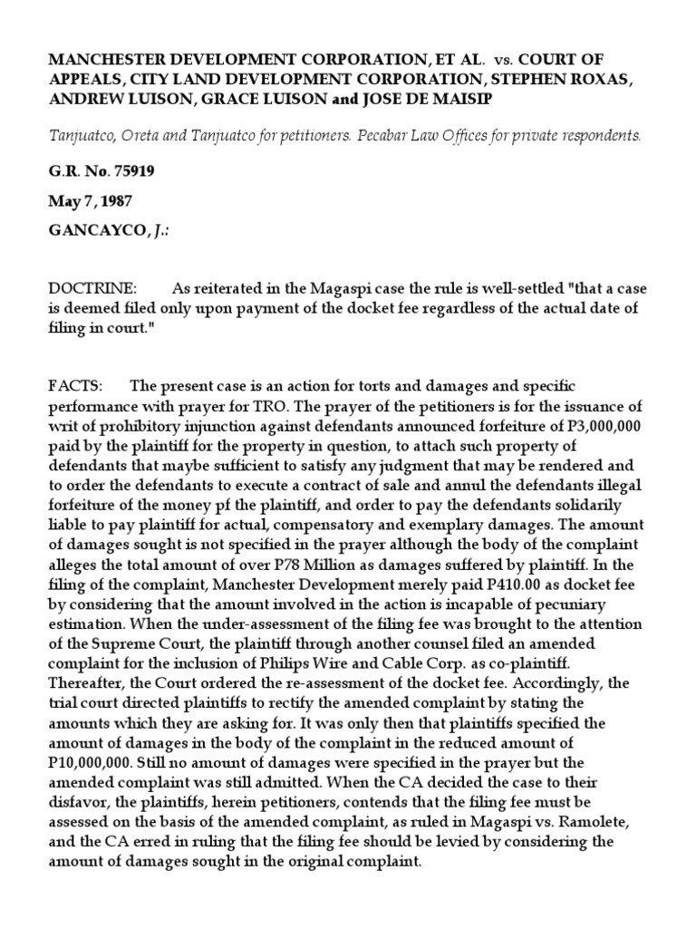 MANCHESTER DEVELOPMENT CORPORATION vs. CA PDF Complaint Damages